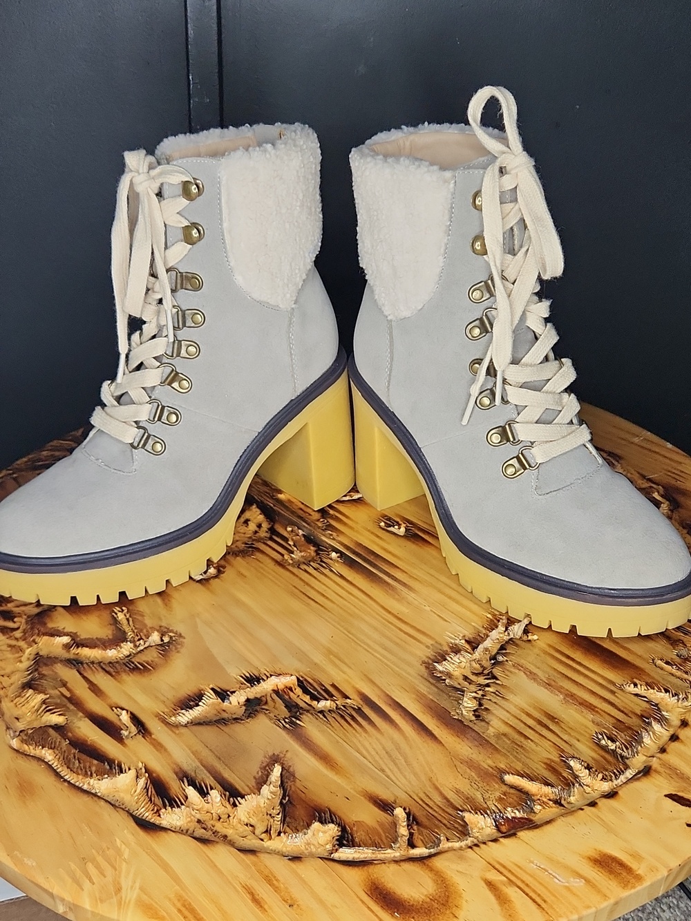 Oasis Society Lace-Up Sherpa Cuff Heeled Boots in Gray - Picture 4 of 6